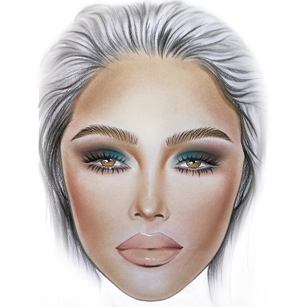 Facechart art featuring blue eyeshadows soft glam look