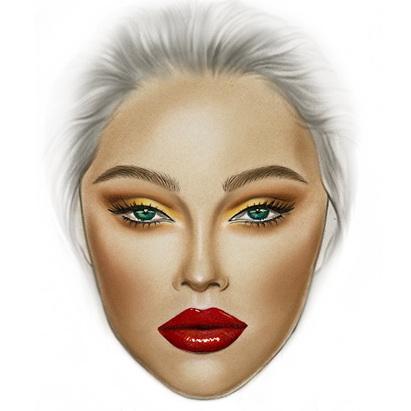 Facechart art featuring golden glow with red lips