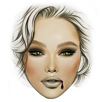 Facechart art featuring blue eyeshadows soft glam look