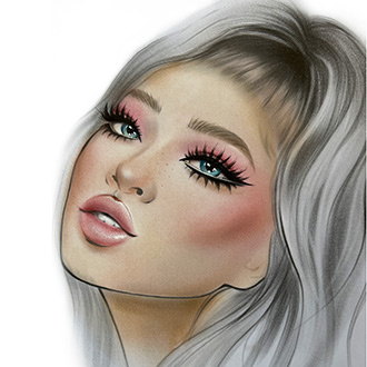 Facechart art featuring blue eyeshadows soft glam look