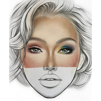 Facechart art featuring blue eyeshadows soft glam look