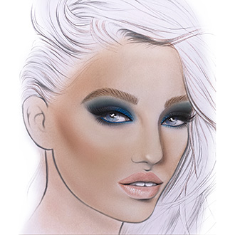 Facechart art featuring blue shades eye shadows